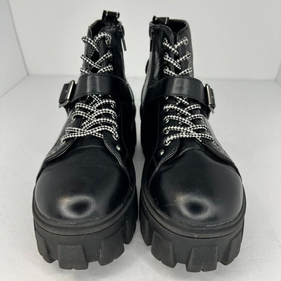 Forever 21 Womens Black Chunky Platform Boots LaceUp RoundToe BlockHeel Size 6 - Picture 3 of 9